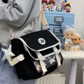 Japanese style cute black canvas crossbody messenger bag with clear badge pocket - With Charm / Black