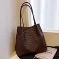 Retro dark brown hand-woven leather-like tote bag with large capacity for women's daily use - Coffee