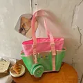 Large mesh tote bag with pink and green color-block design and coin purse charm - Green