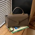 Elegant taupe leather handbag with vertical gold clasp for versatile daily commuting - Gray