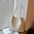 Elegant vintage cream white woven tote bag with slim shoulder straps for daily fashion - White