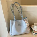 Fashionable light blue large capacity tote bag with star pattern and braided shoulder strap - With Charm / Blue