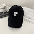 Classic black baseball cap with white towel embroidered letter P and curved brim - 58-65cm (Adjustable) / Black