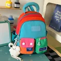 Colorful color-block school backpack with multi-pockets and cute bear charm - With Pendant / Blue