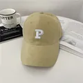 Minimalist khaki cotton baseball cap featuring a stylish embroidered white letter P design - 58-65cm (Adjustable) / Beige Khaki