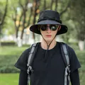 Men's classic black wide-brimmed fisherman sun hat with adjustable chin strap for hiking - 55-58cm / Black