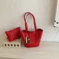 Vibrant red woven bucket shoulder bag and matching zippered pouch for summer fashion - With Pendant / Red