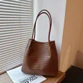 Brown retro woven faux leather tote bag with long shoulder straps for daily use - Brown