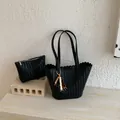 Chic black woven bucket bag with matching pouch and tassel for versatile summer commuting - With Pendant / Black