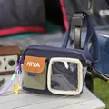 Outdoor casual crossbody bag in navy blue with transparent pocket and color-block flap - With Charm / Dark Blue