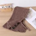 Thick brown knitted balaclava hooded scarf for women featuring three decorative buttons - Coffee