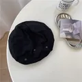 Vintage washed black denim beret hat with distressed finish and metal rivet details - 56-58cm / Black