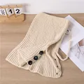 Beige knitted hooded scarf balaclava with decorative black buttons for winter warmth. - Beige