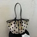 Stylish polka dot canvas tote bag with a palm tree charm in a cream and black color scheme - With Charm / White