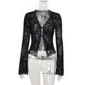 Black sheer lace top with floral pattern, tie-front and flare sleeves for women. - XS / Tops / Black