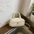Elegante cremeweiße Bowlingtasche mit lila Blumendruck und Schleife für Damen - L / Weiß