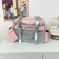 Japanese style cute pink and silver tote bag displayed on a white desk background - Pink