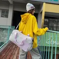 Trendy pink and grey patchwork duffel bag for women, perfect for sports and travel - With Label / Purple (With Logo)