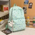Mint green star pattern backpack for students with cute plush bunny keychain accessory - With Pendant / Green