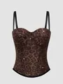 Chic leopard print corset top featuring fishbone structure and sparkling rhinestone details. - 34B/75 / Tops / Dark Brown