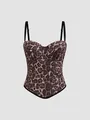 Close-up detail of leopard print boned corset top featuring sparkling rhinestone accents - 34B/75 / Tops / Tan