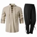 Mittelalterliches Renaissance-Kostümset mit Schnürtunika und schwarzen Hosen Details. - S / Oberteil und Hose / Beige/Schwarz