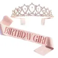 Rose gold glitter birthday girl sash and sparkling rhinestone tiara crown set for party - Sash (Girl) And Tiara / Glitter Rose Gold