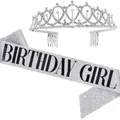 Silver glitter Birthday Girl sash paired with a sparkling crystal rhinestone tiara crown set - Sash (Girl) And Tiara / Glitter Silver