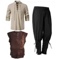 Medieval Renaissance warrior costume set with lace-up tunic vest and pants - S / Top And Bottom / Three-Piece Set