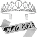 Elegant silver rhinestone tiara and glittery 'Birthday Queen' sash set for parties - Sash (Queen) And Tiara / Glitter Silver
