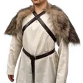 Men's medieval warrior costume set including faux fur shoulder wrap and ivory tunic - S / Tops / Shoulder Cape Set