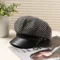 Vintage striped newsboy cap for women with black leather brim for autumn fashion - 56-58cm / Black