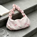 Pink striped dumpling style shoulder bag with cute strawberry and bear embroidery. - Pink Striped Strawberry Bear / Pink
