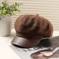 British retro brown striped newsboy hat with a stylish faux leather brim for women - 56-58cm / Coffee