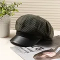 Classic British style herringbone newsboy cap with black faux leather brim for women - 56-58cm / Army Green