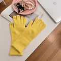 Warm bright yellow knitted winter gloves with ribbed long cuffs and touch screen compatibility - Stretchy / Yellow