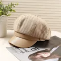 Classic beige striped octagonal newsboy cap for women featuring a faux leather brim - 56-58cm / Khaki