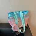 Large capacity casual mesh tote bag for women featuring pink and blue contrast colors - Pink