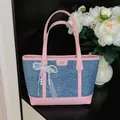 Stylish denim and pink leather tote bag with elegant lace pearl bow decoration for women - With Charm Style / Pink