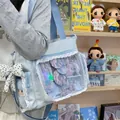 Light blue casual large capacity ita bag with lace trim and clear display window - With Charm / Blue