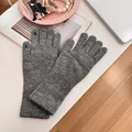 Winter warm grey knitted touchscreen gloves for women featuring long ribbed cuffs - Stretchy / Gray