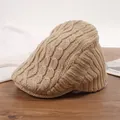 Classic beige cable knit flat cap in retro British style for warm autumn and winter wear - 56-58cm / Beige Khaki