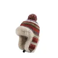 Women's colorful striped knitted trapper hat with beige faux fur lining and top pom-pom - 56-58cm / Beige Khaki