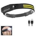 Powerful silicone motion sensor COB LED headlamp with USB charging cable for outdoor activities - 2 COB Strips White Light / Black