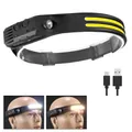 Adjustable silicone LED headlamp with wave induction and USB-C charging cable - 2 COB Strips White & Yellow Light / Black