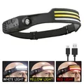 Rechargeable COB LED headlamp with motion sensor and white yellow red light modes - 3 COB Strips White Red & Yellow Light / Black