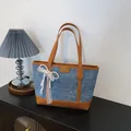 Large capacity casual blue denim tote bag for women with decorative pearl bow detail - With Charm Style / Brown