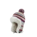 Women's striped knit trapper hat with white faux fur lining and pom-pom. - 56-58cm / Off White