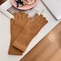 Camel knit touchscreen gloves for women with open finger design for winter - Stretchy / Khaki