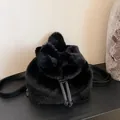 Stylish mini black faux fur backpack with drawstring closure and leather straps for women - Black